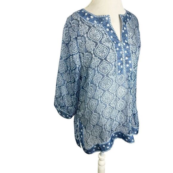 Gretchen Scott Blue Print Silk Tunic Top Semi Sheer Resort Beachy Size L - Picture 7 of 9
